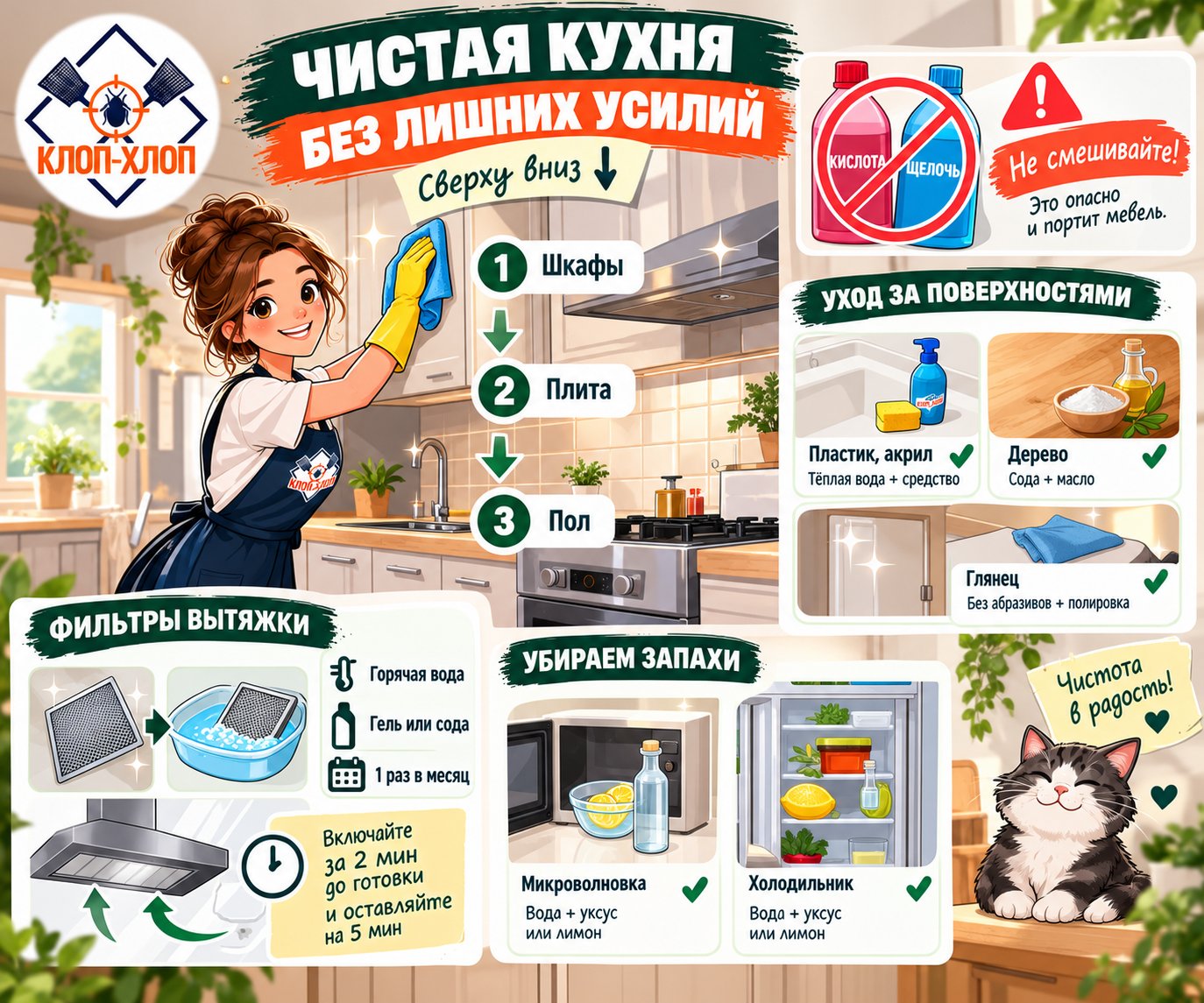 Кухня без жира и запахов: секреты глубокой очистки поверхностей и техники
