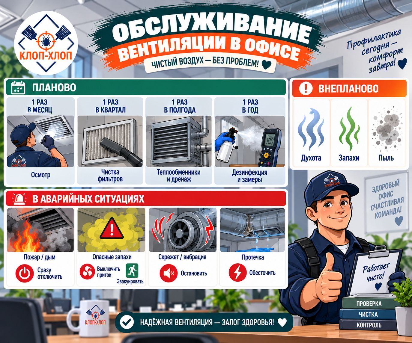 Планово вентиляцию осматривают раз в месяц, чистят фильтры раз в квартал, проверяют теплообменники и дренаж раз в полгода, дезинфицируют и замеряют раз в год, а внепланово &mdash; при духоте, запахах или пыли; в аварии её сразу отключают при пожаре или дыме, выключают приток и эвакуируют людей при опасных запахах, глушат при скрежете или вибрации и обесточивают при протечке.