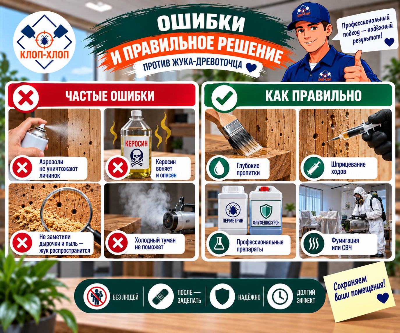 Типичные ошибки при уничтожении древоточца в офисной мебели