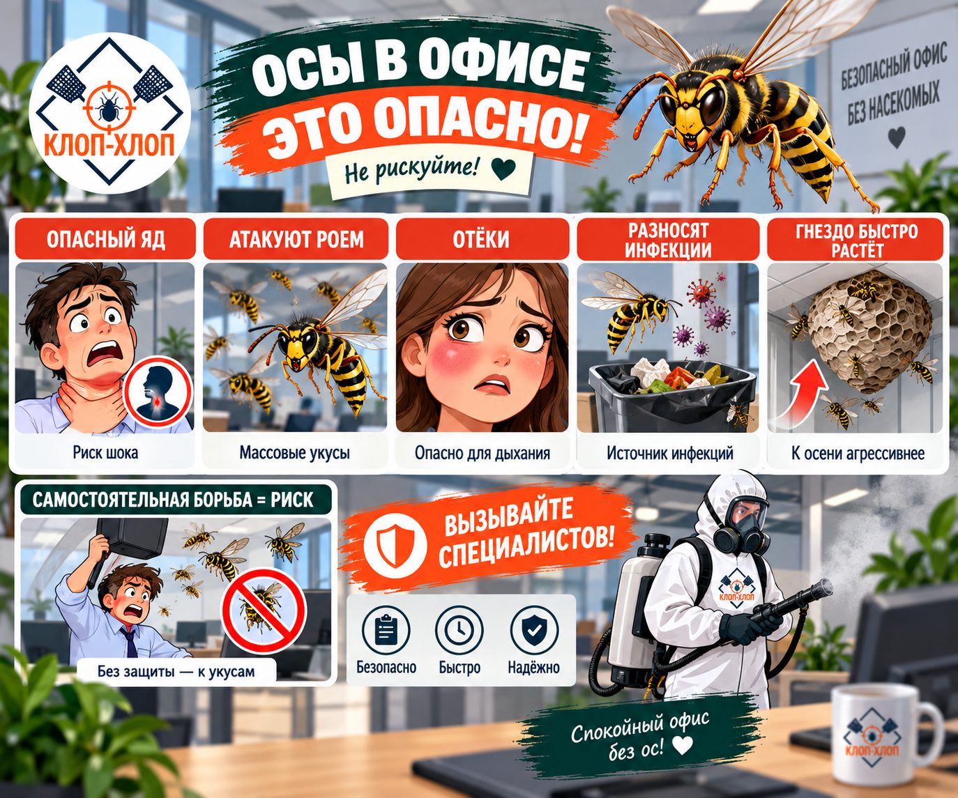 Чем опасны осы в офисе и почему нельзя откладывать их уничтожение