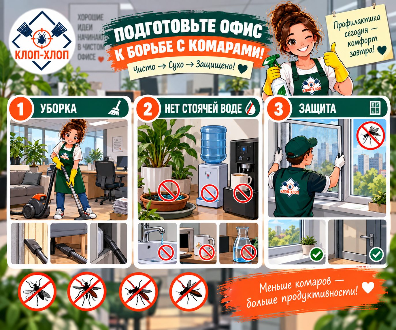 Подготовка офиса к борьбе с комарами: уборка, изоляция источников воды и доступ к окнам