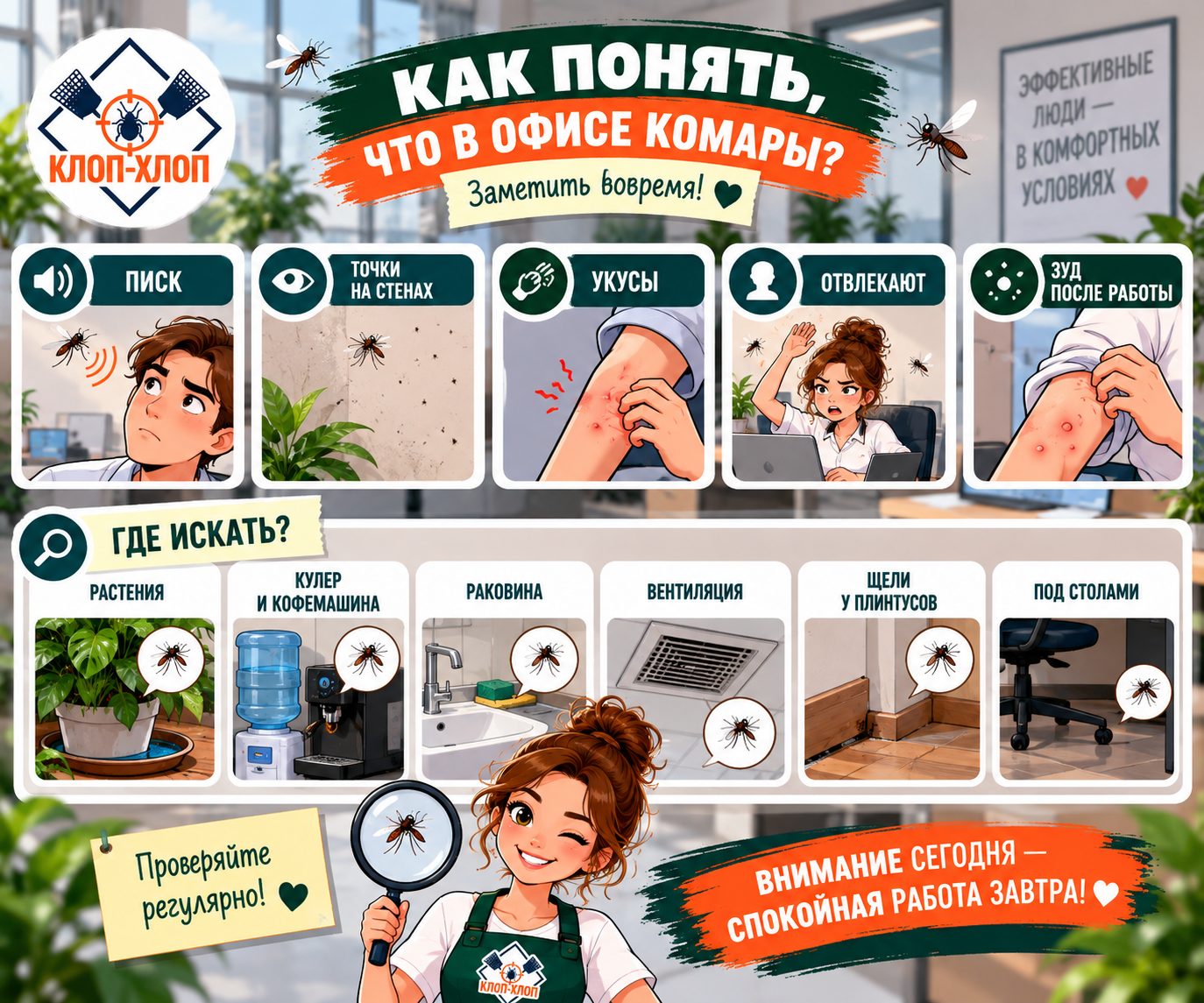 Как понять, что в офисе завелись комары: признаки, жалобы сотрудников и осмотр помещений