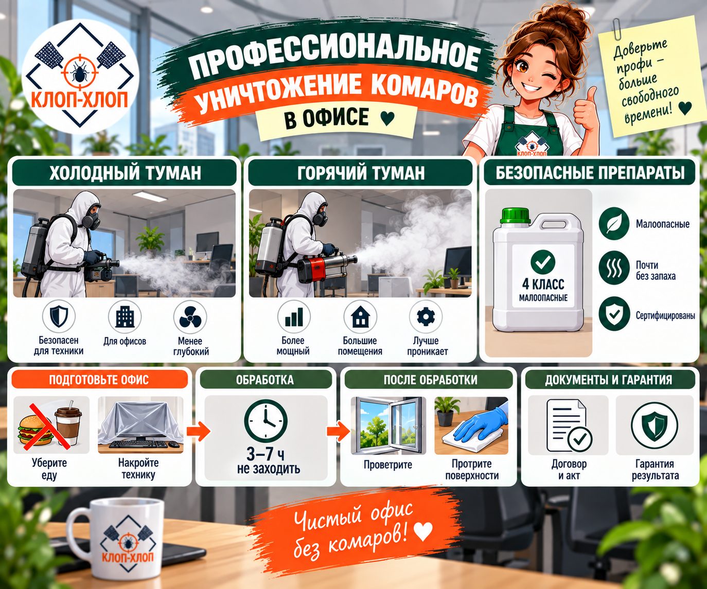 Профессиональная дезинсекция офиса от комаров: холодный туман, горячий туман и гарантия