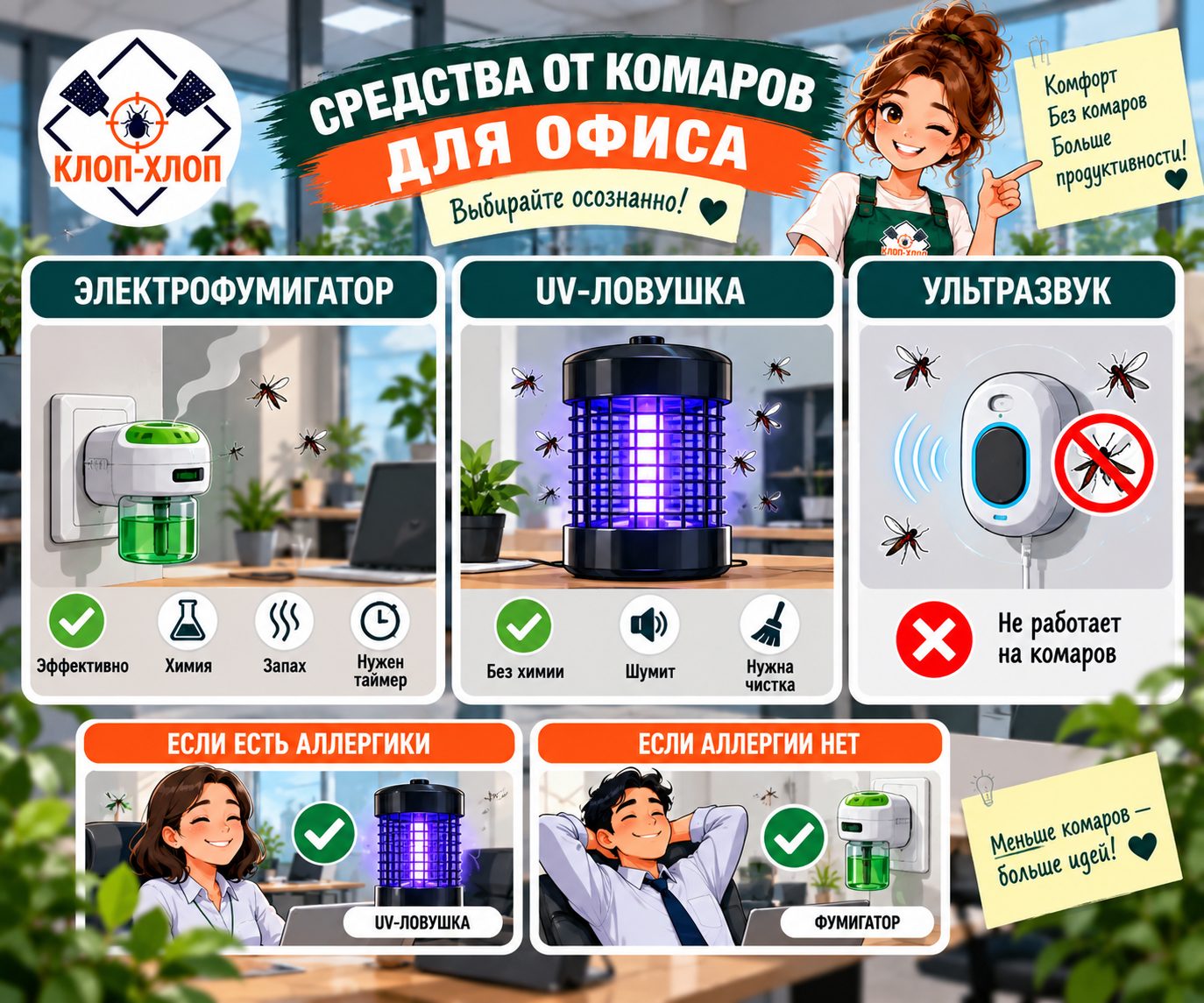 Технические средства против комаров в офисе: фумигаторы, ультразвуковые отпугиватели и ловушки
