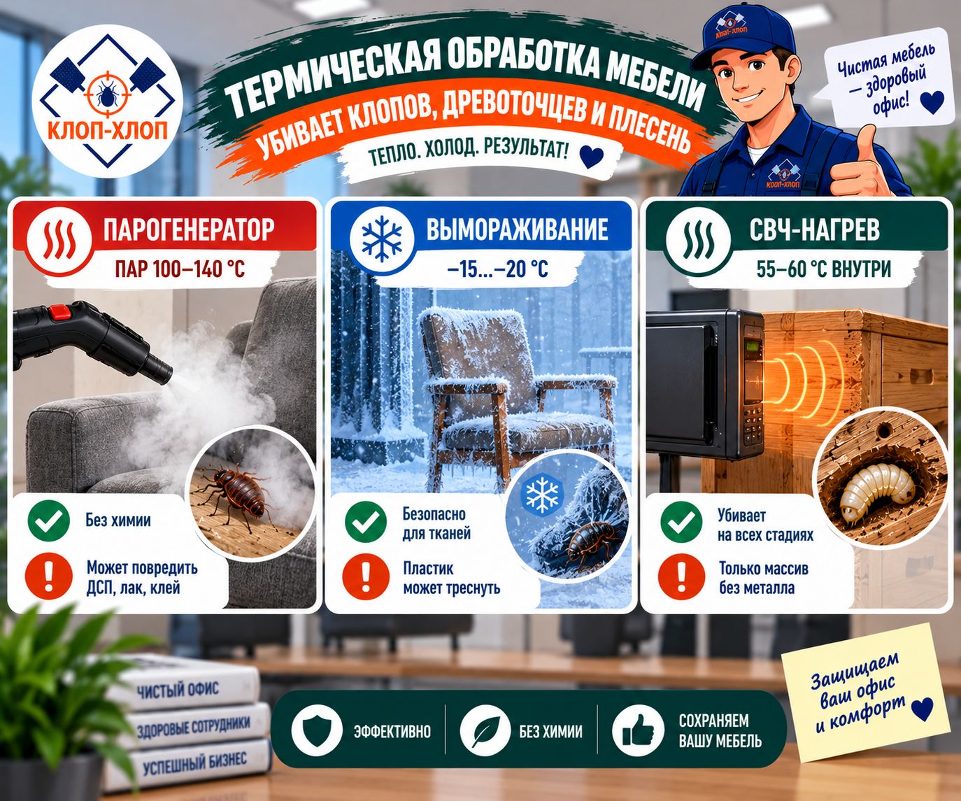 Термические методы: СВЧ-нагрев, парогенератор и вымораживание мебели