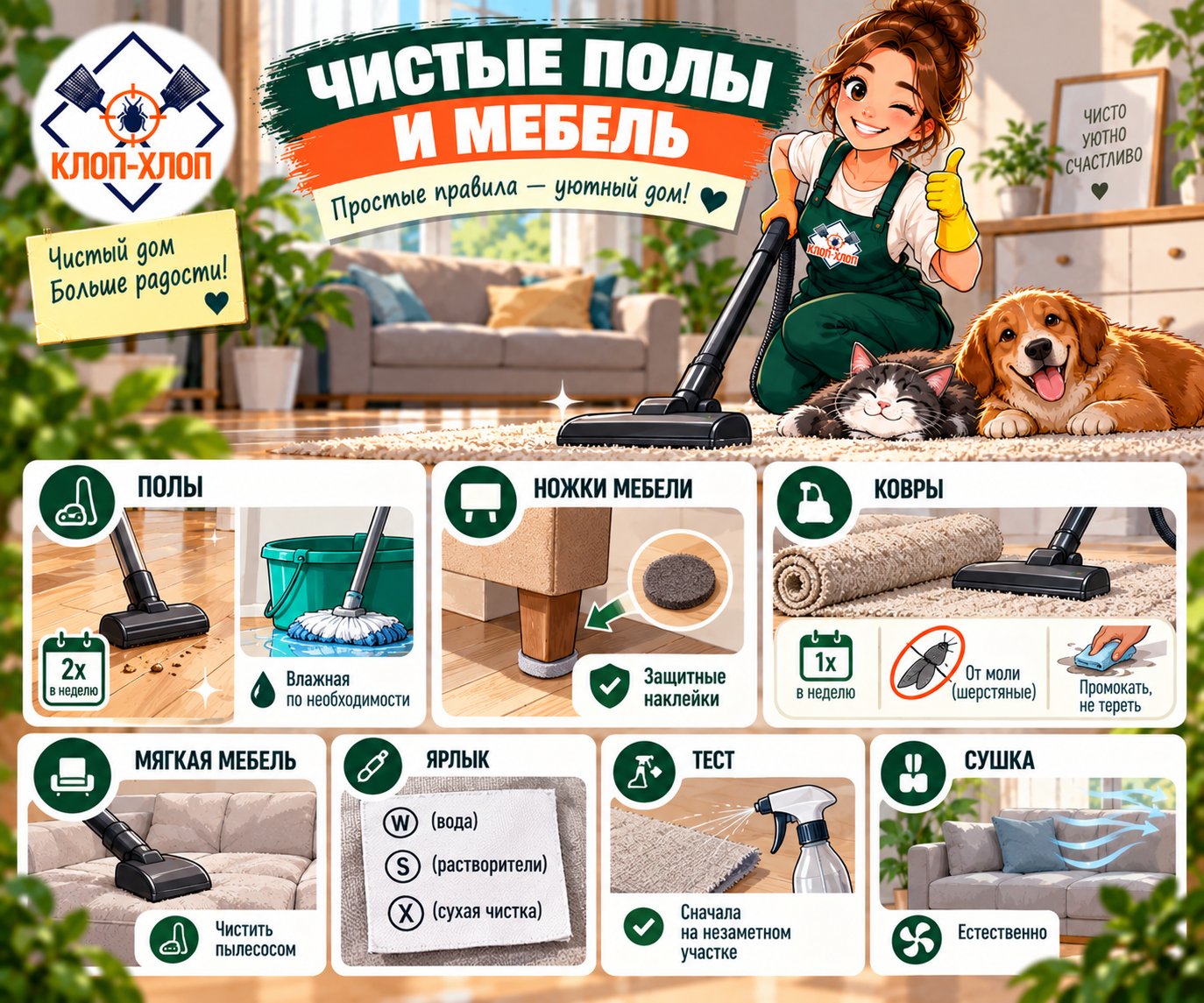 Полы, ковры и мягкая мебель: уход, защита от загрязнений и правила чистки