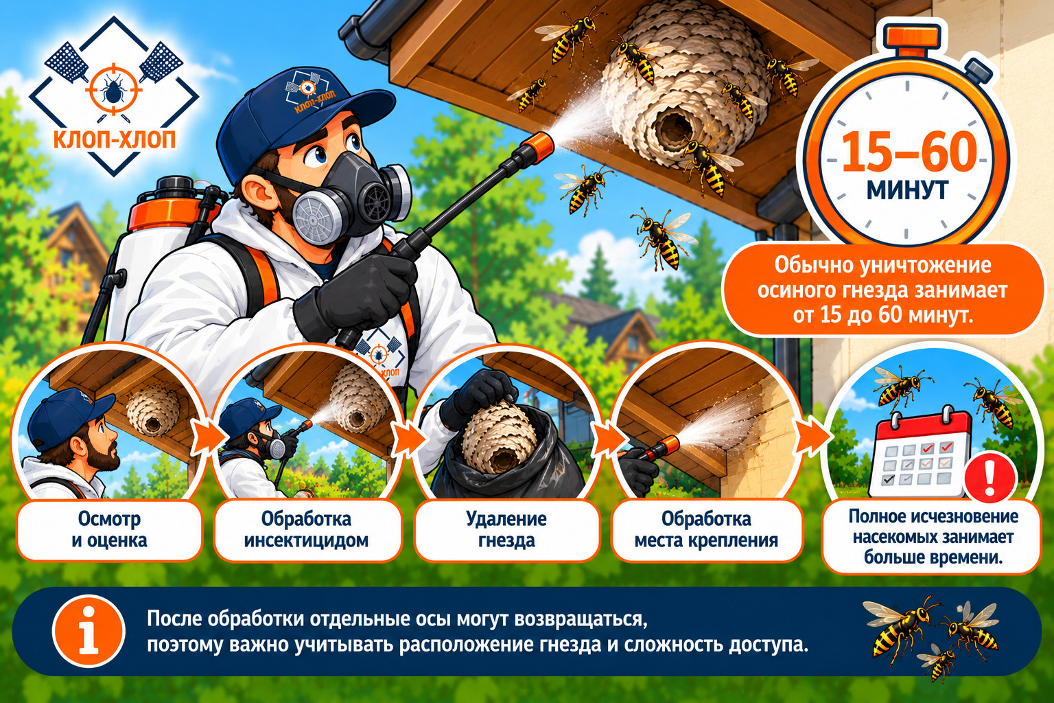 Сколько времени занимает уничтожение осиного гнезда?