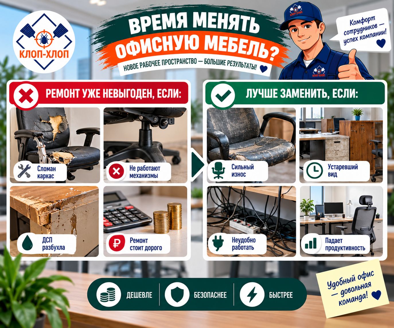 Когда офисную мебель проще заменить, чем лечить
