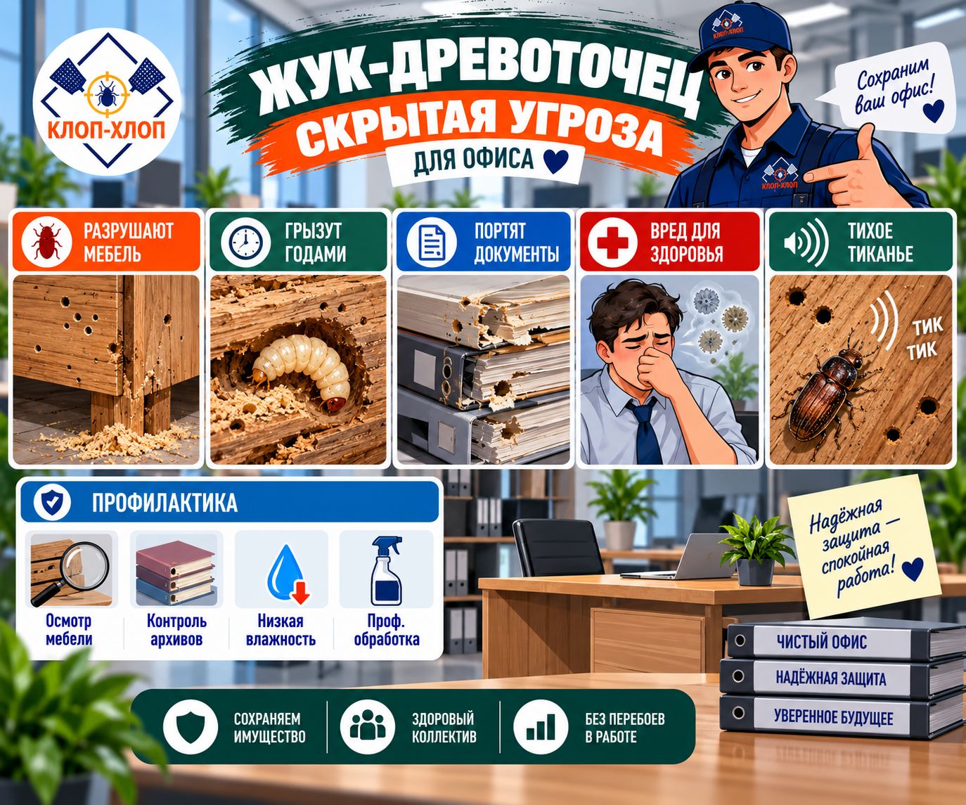 Чем опасен древоточец для мебели, документов и здоровья сотрудников