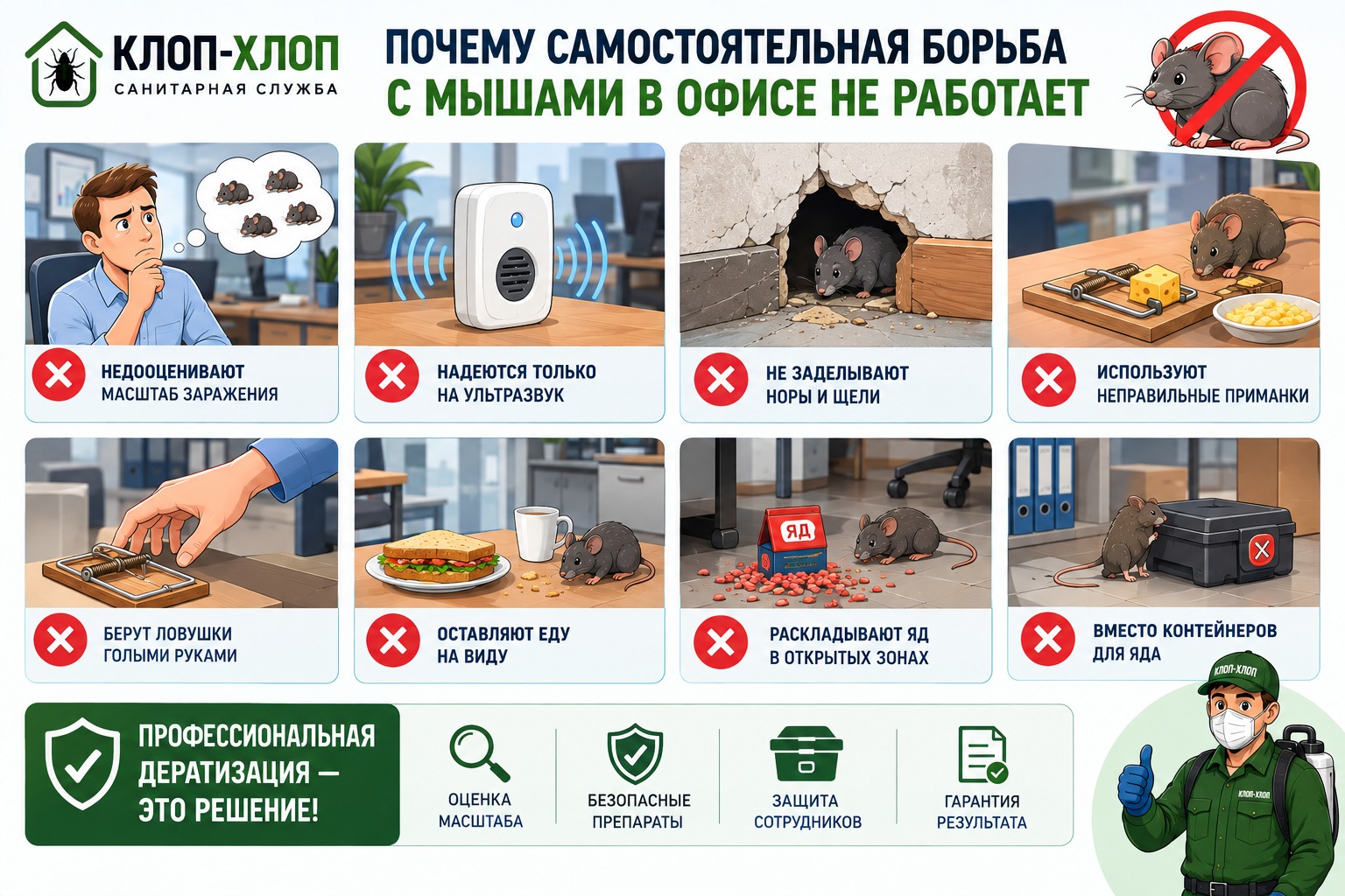 Частые ошибки при самостоятельной борьбе с мышами в офисе